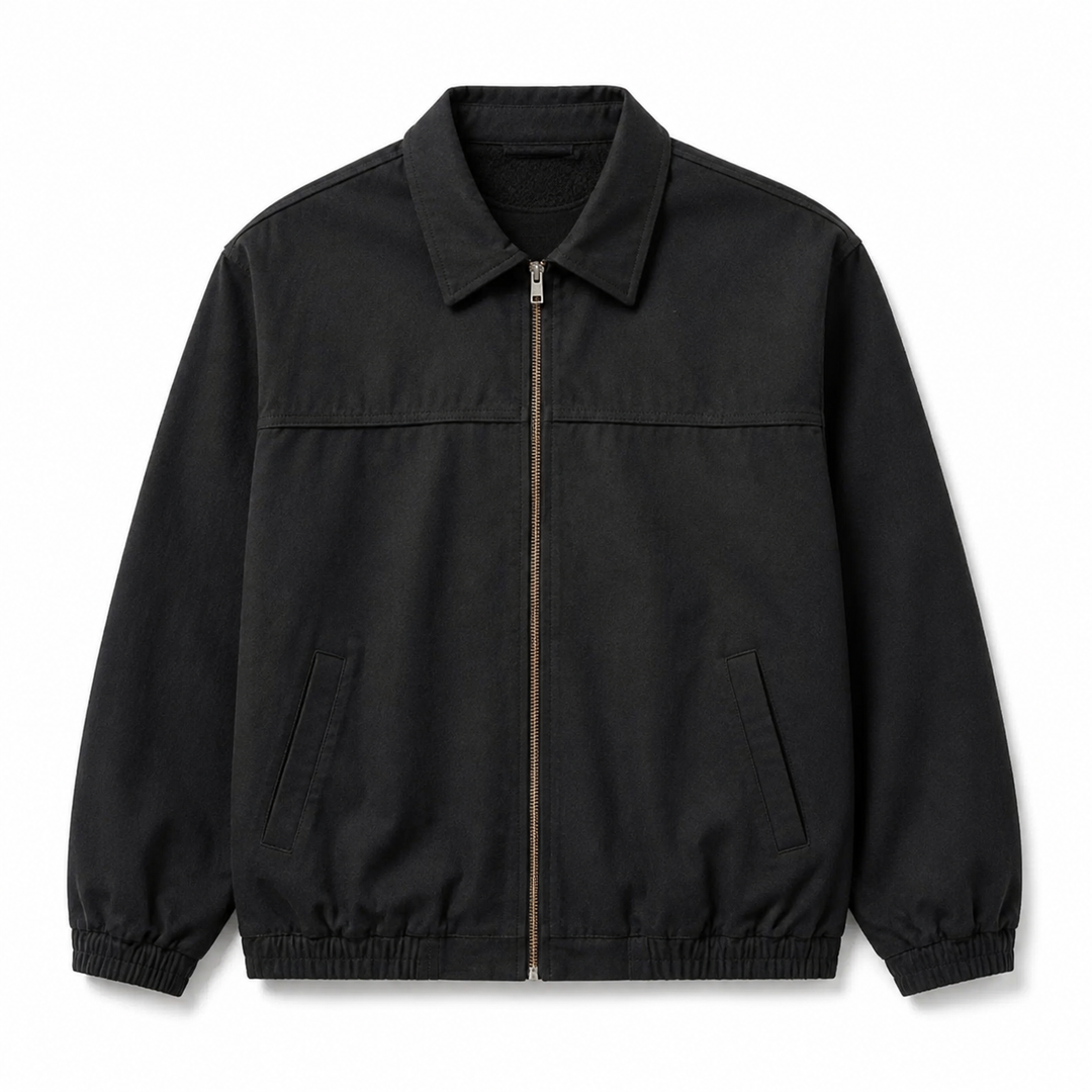 Men's plus-size zip-up jacket in black, shown in front view on white with fold-down collar, welt pockets, and gathered cuffs.