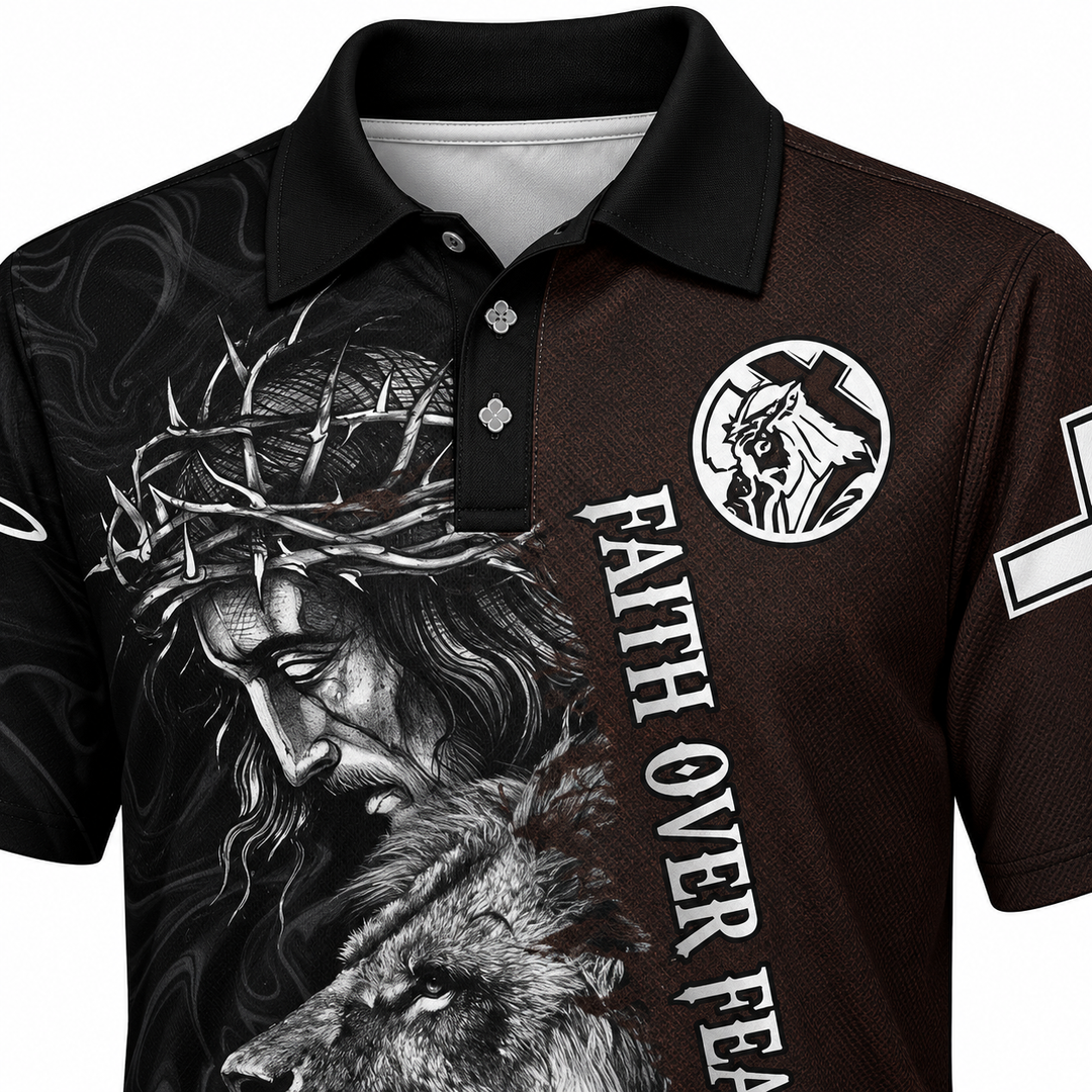 Printed polo shirt with lion and cross faith graphic