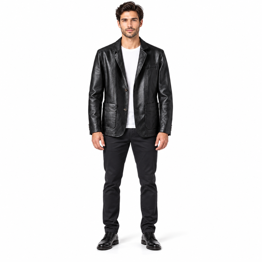 Straight front of a male model wearing the black PU lapel jacket with a white T-shirt, dark trousers and black shoes on white