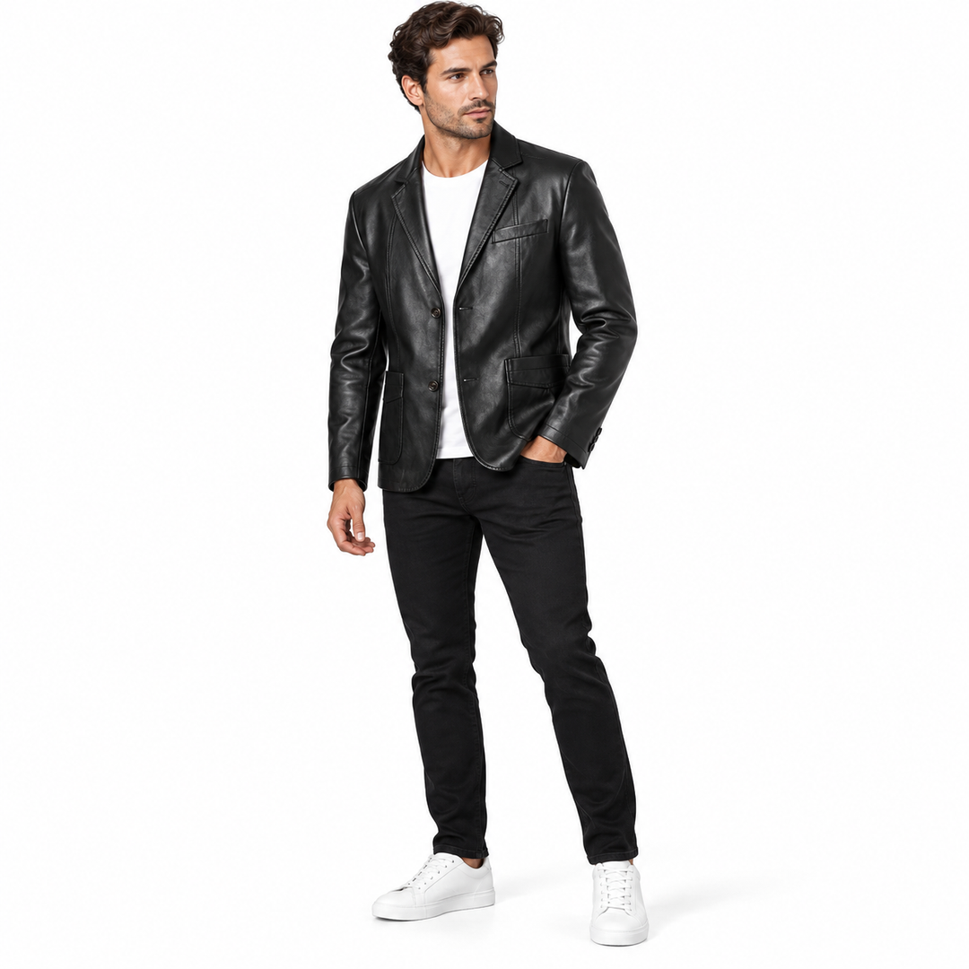 Three-quarter front view of the black lapel jacket on a male model, showing the sleeve and front patch pockets against white.