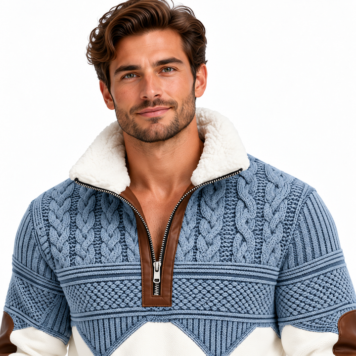 Close-up of sherpa collar, quarter zip and blue cable knit chest detail