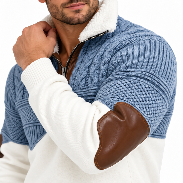 Close-up of blue knit sleeve and brown elbow patch on men&