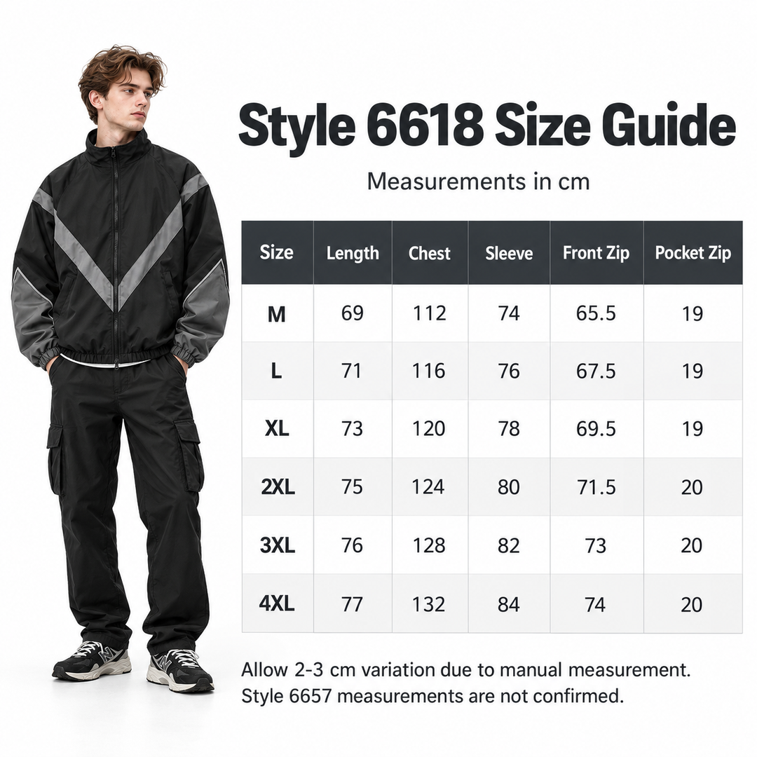 Style 6618 size chart in centimeters for M to 4XL with length chest, sleeve, front zip and pocket zip values by a male model.