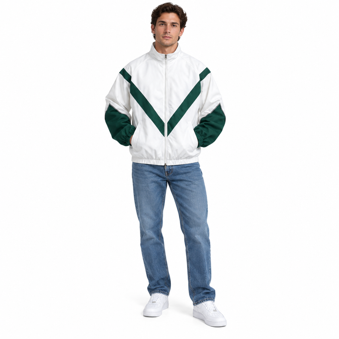 Male model in white and green style 6618 jacket with chevron panels, front zip and stand collar, shown on a white background.