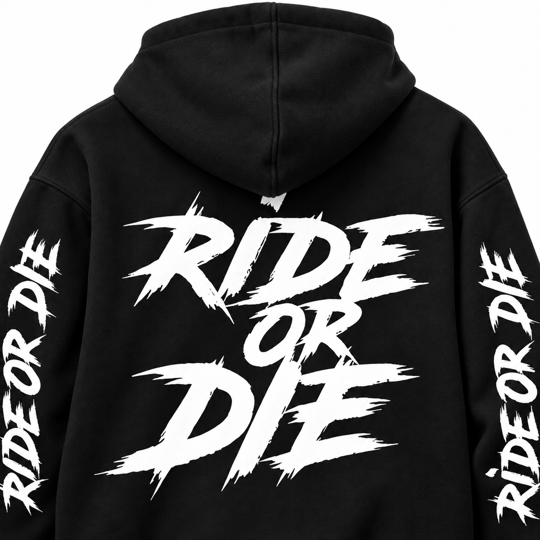 Close-up of the black Ride Or Die hoodie back graphic, hood base and fabric texture