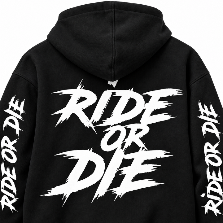Close-up of the black Ride Or Die hoodie back graphic, hood base and fabric texture