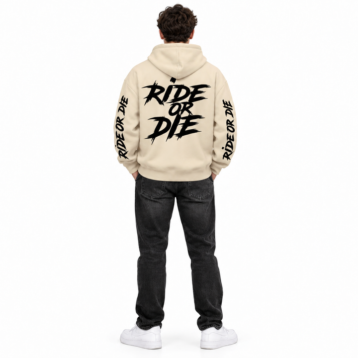Beige Ride Or Die hoodie on a full-body male model showing the back and sleeve prints