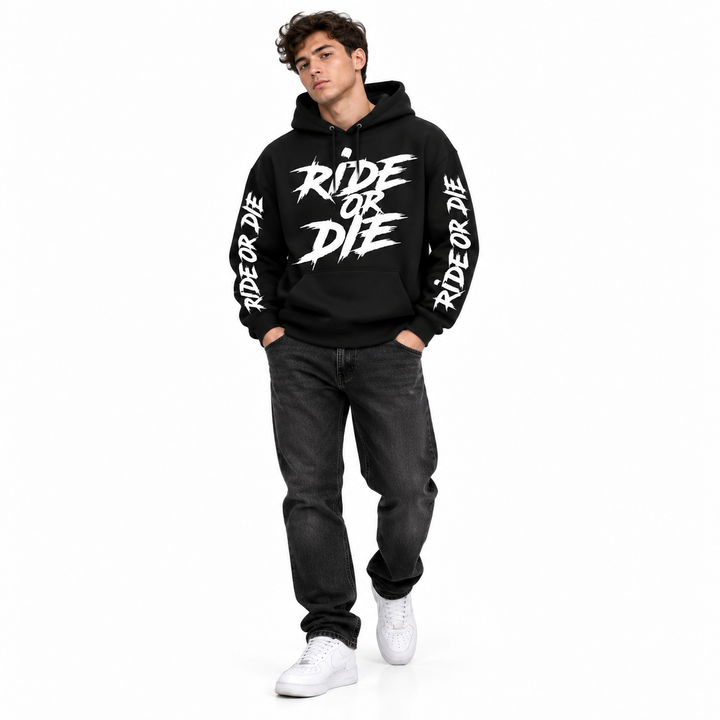 Black Ride Or Die hoodie styled on a full-body male model in a relaxed everyday studio pose