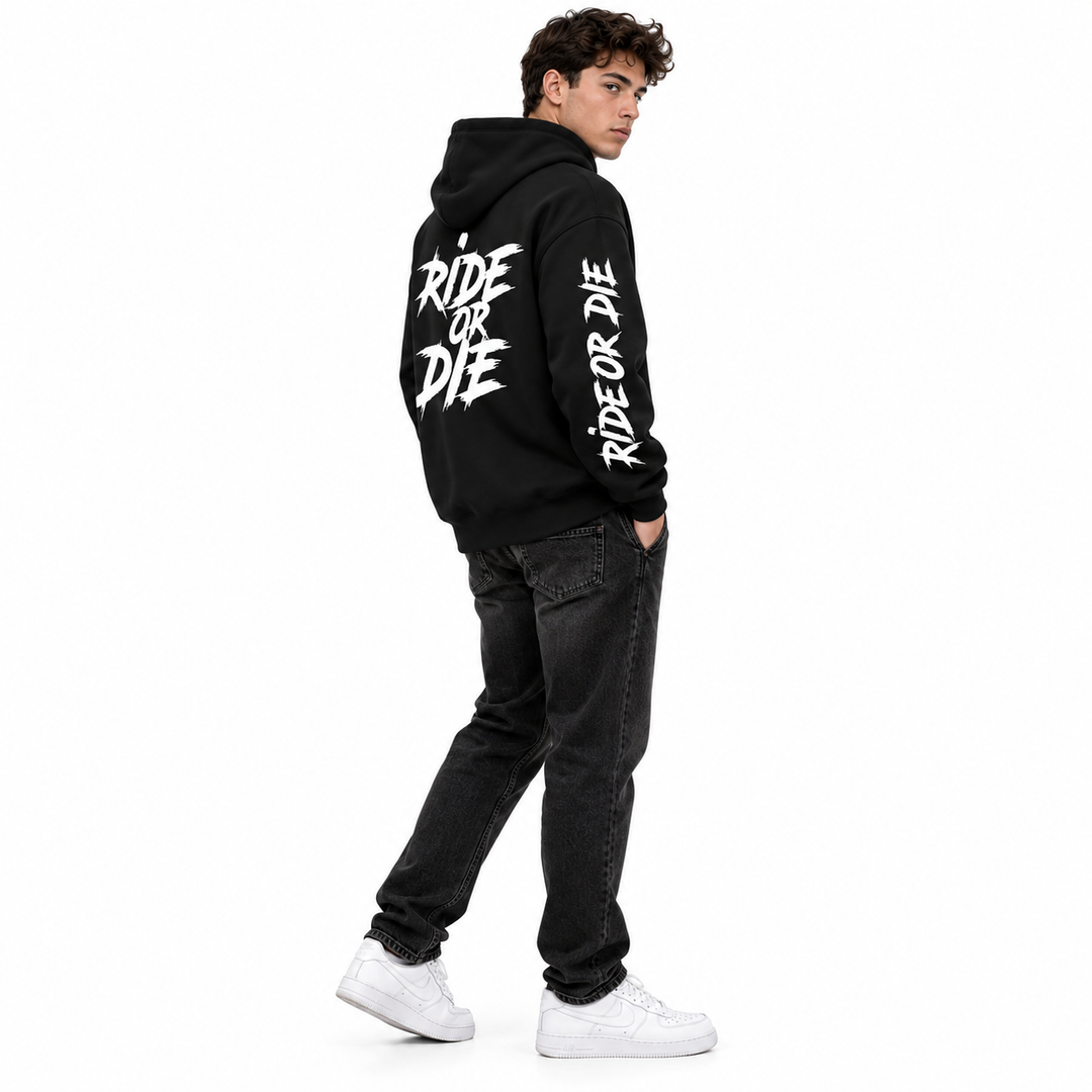 Black Ride Or Die hoodie in a full-body three-quarter view showing the back graphic, sleeve print and hood shape