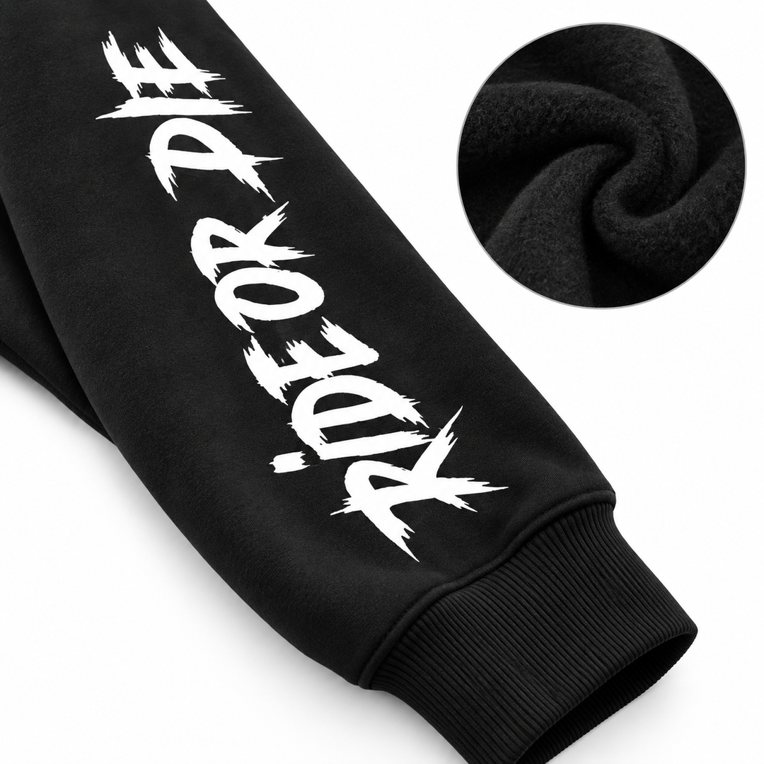 Close-up of the Ride Or Die sleeve print, ribbed cuff and fleece-like fabric detail