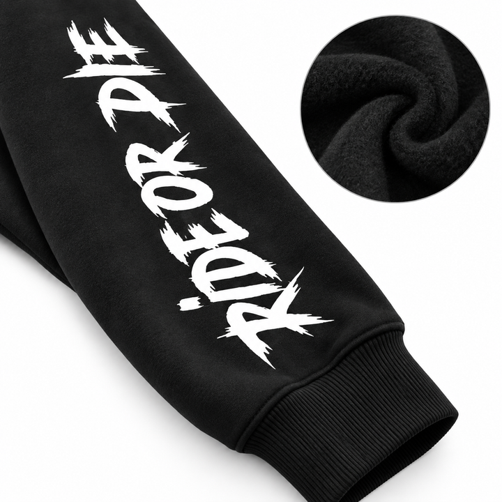 Close-up of the Ride Or Die sleeve print, ribbed cuff and fleece-like fabric detail