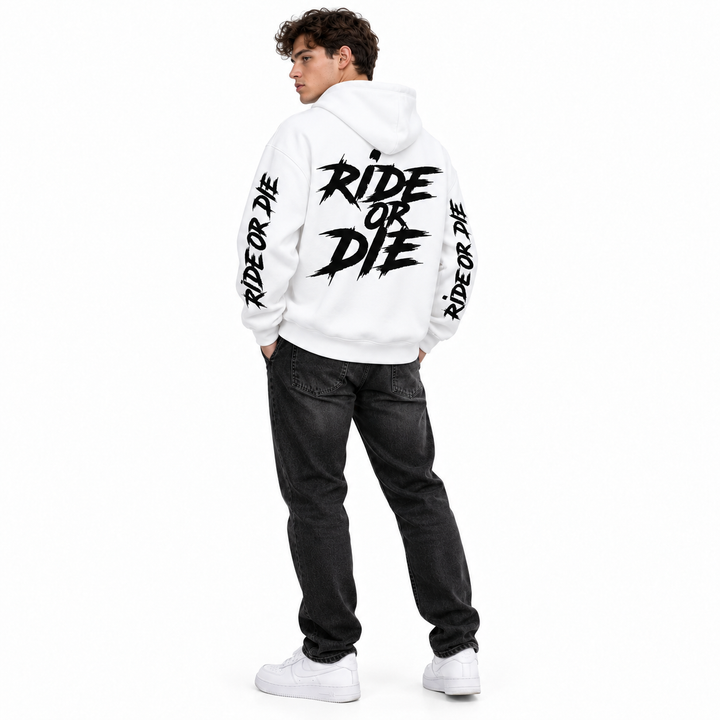 White Ride Or Die hoodie on a full-body male model showing the back and sleeve prints
