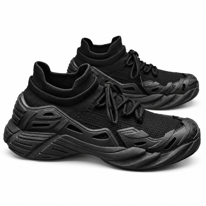 Black fly-knit running shoes shown as a pair on a white background