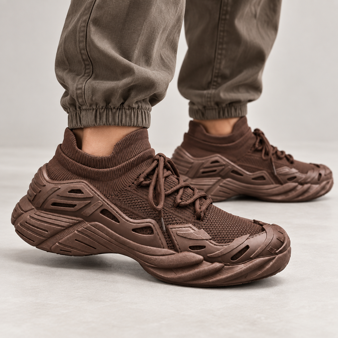 Coffee color running shoes shown on foot in a studio movement view