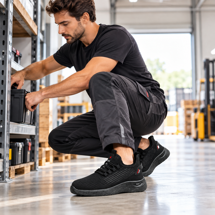 Black knit work shoes shown in a warehouse setting