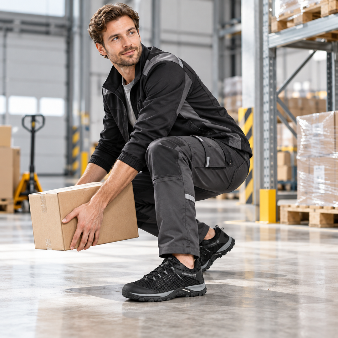 Black mesh work shoes shown during warehouse lifting