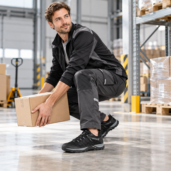 Black mesh work shoes shown during warehouse lifting