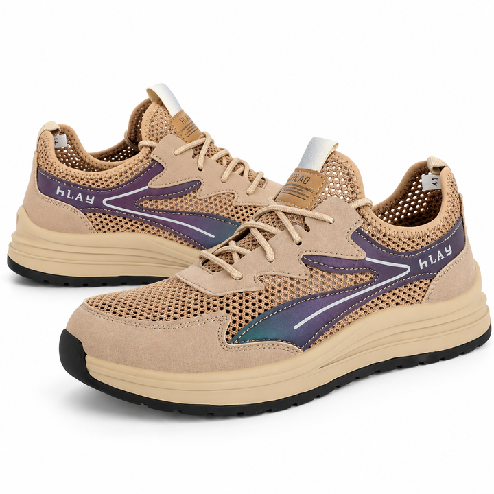 Khaki safety shoes pair on white background