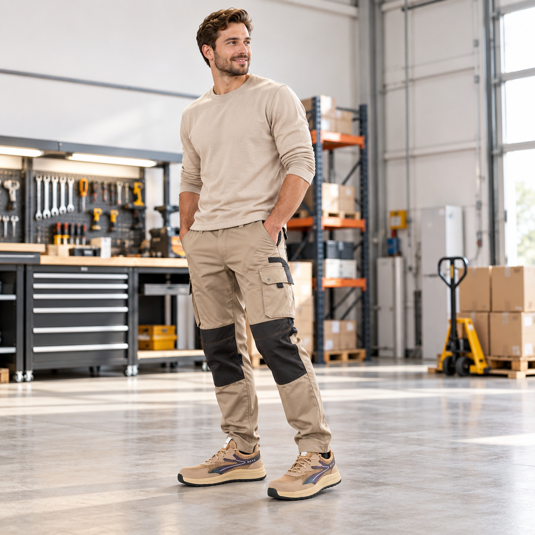 Men wearing khaki work shoes in a warehouse setting