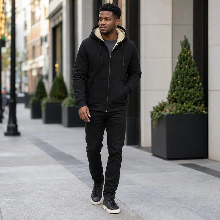Black sherpa lined zip hoodie on a male model in a street setting, showing beige hood lining, front zipper and pocket design.