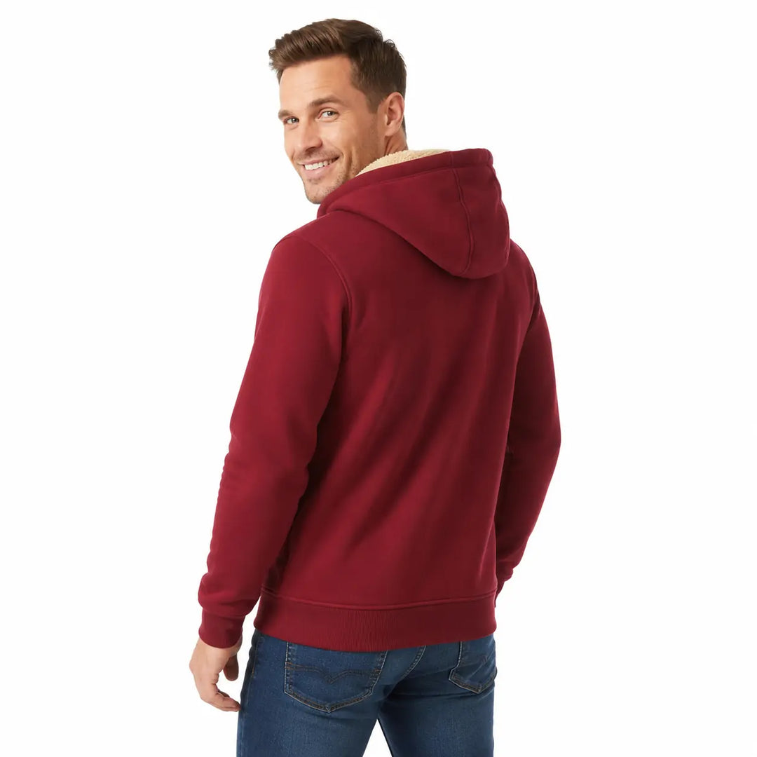 Burgundy sherpa lined hoodie back view on a male model, showing the simple backside, hood shape, sleeve seams and ribbed hem.