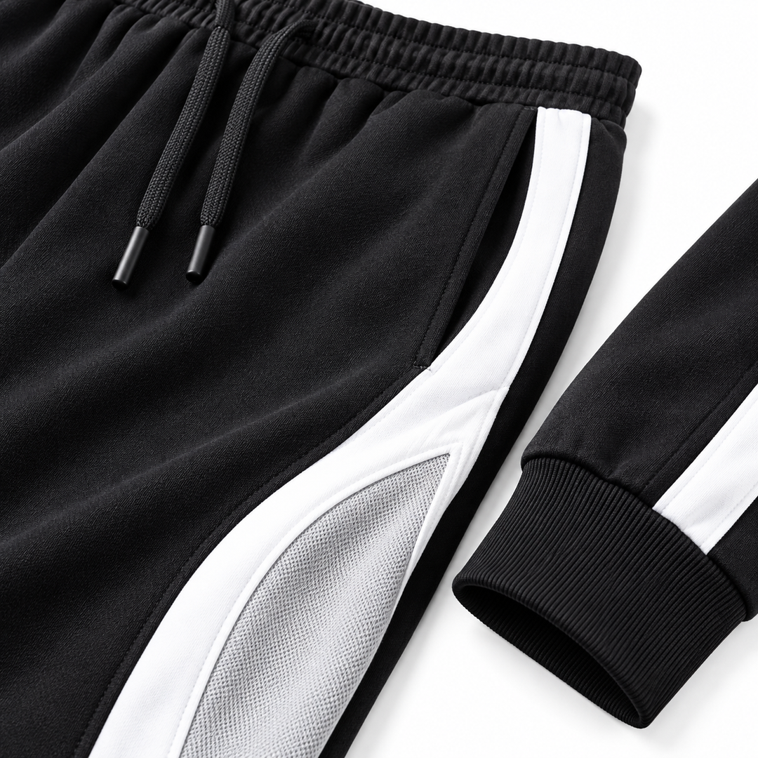 Close-up of Black jogger pants showing the drawstring waist, pocket, stitching, contrast side panel and ribbed cuff.