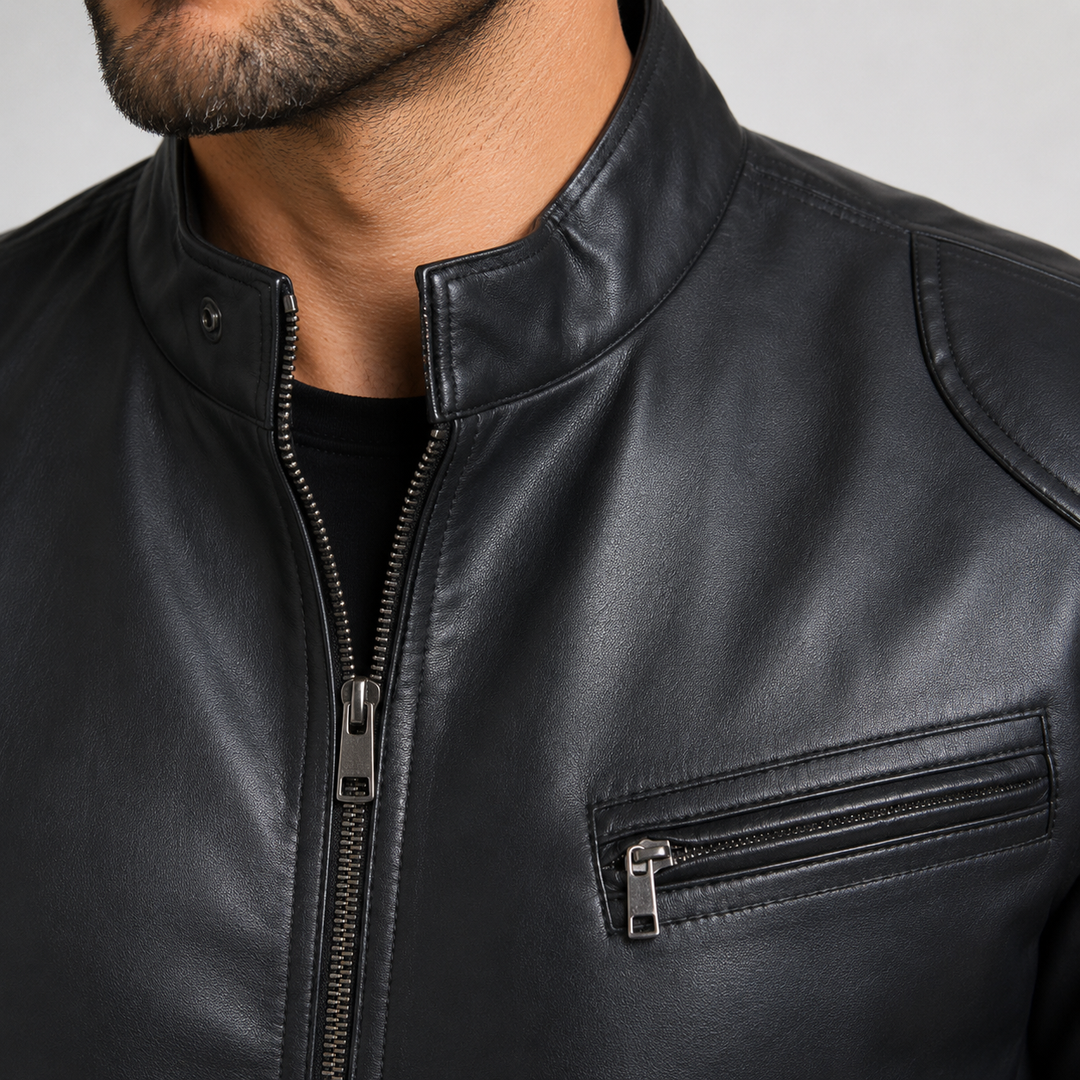 Close-up of black stand collar motorcycle leather jacket collar zipper and chest pocket