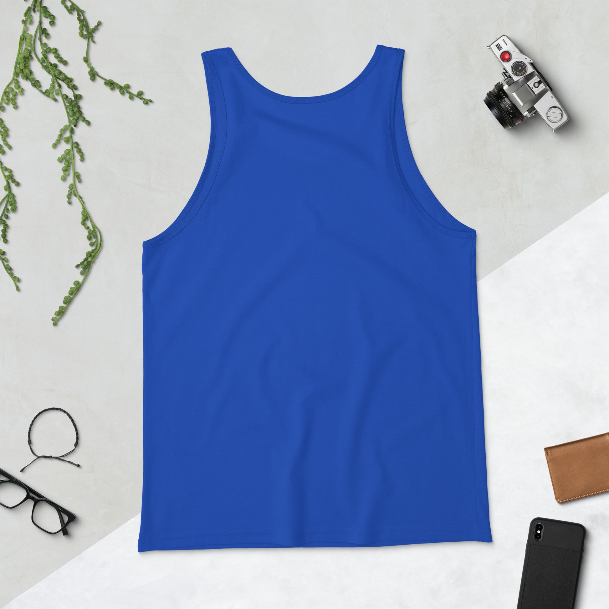 Blue unisex cotton tank top laid flat