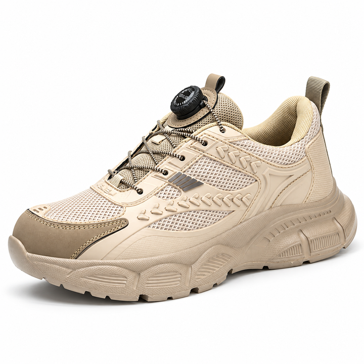 Beige model 9233 shoe in studio three-quarter view showing the rotary front fastening mesh panels and matching sculpted sole.