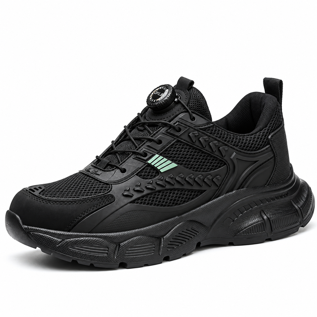 Black model 9233 shoe on white with mesh upper, front rotary fastening, green stripe details and a matching sculpted outsole.
