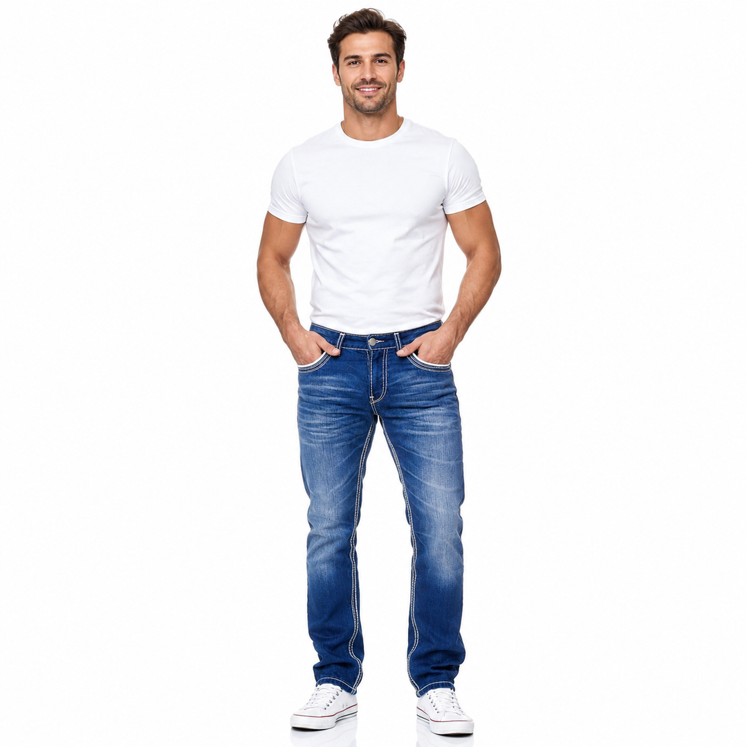 Men's straight fit jeans in blue shown on a male model from the front on a clean white studio background.