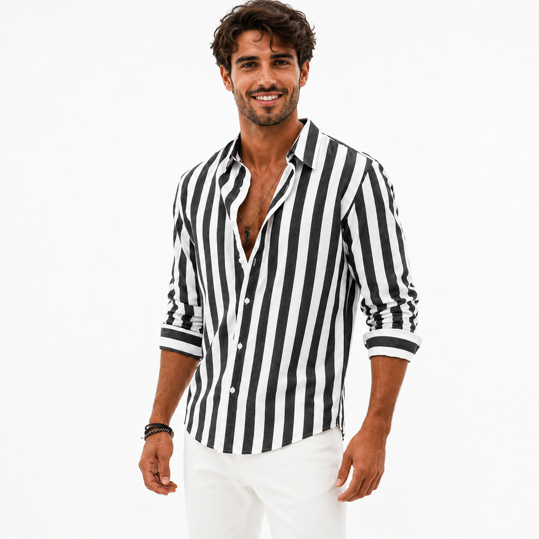 Men's black and white striped long sleeve shirt shown on a male model in a clean studio pose with visible button-front styling.
