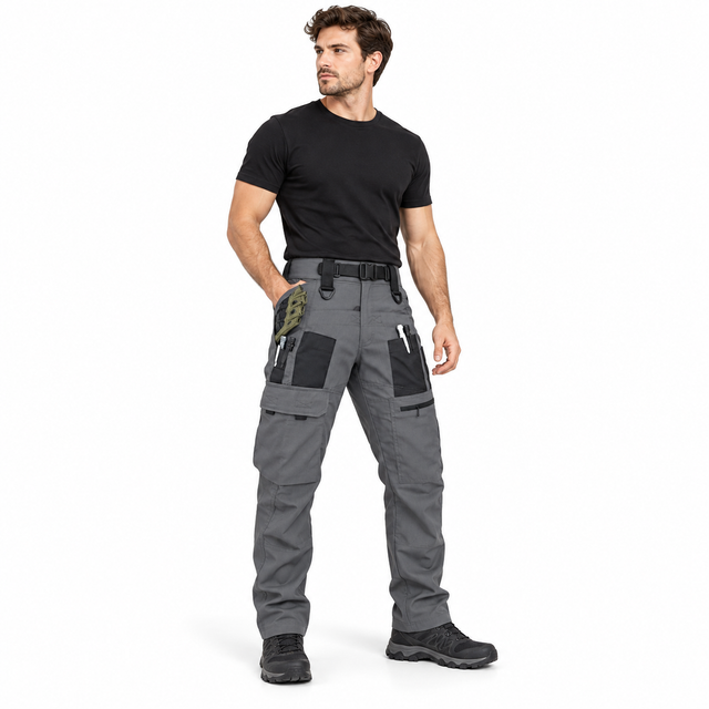 Men's tactical cargo pants in gray shown on a model, full length front three-quarter view