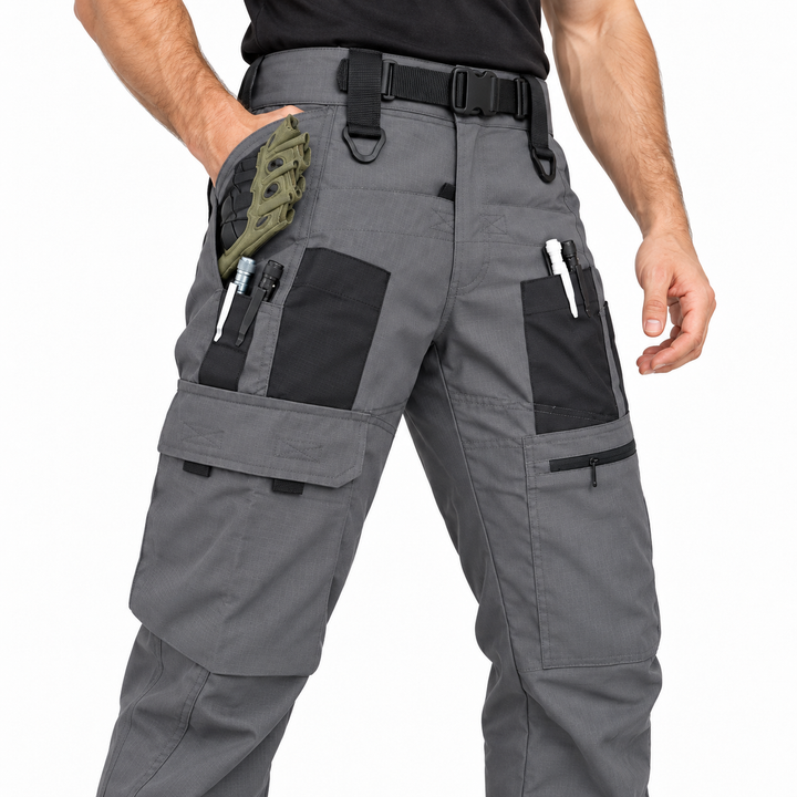 Gray tactical cargo pants close-up showing belt loops, side pockets and zippers