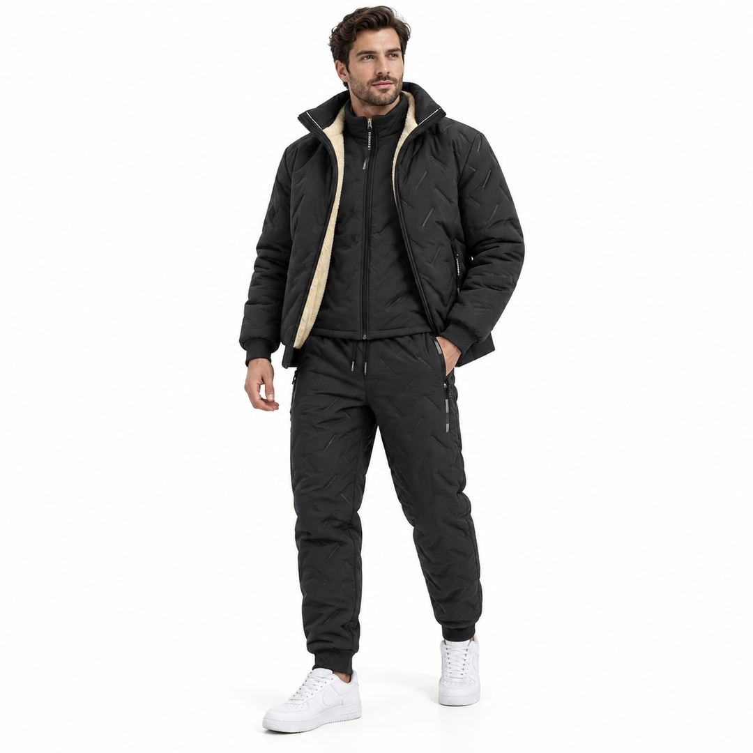 Men's thermal suit for winter, full black three-piece set with jacket, vest and pants on male model