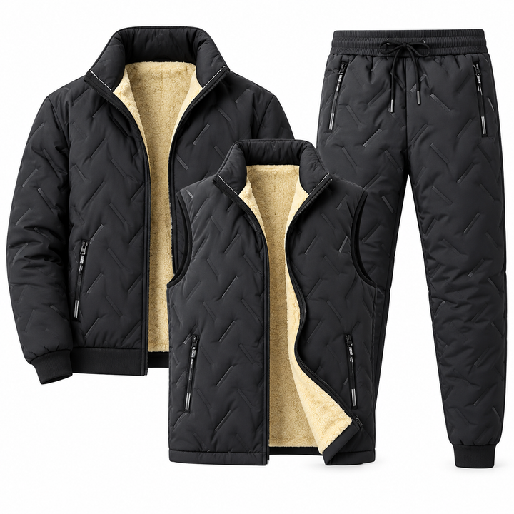 Black three-piece winter set with jacket, vest and pants arranged on white background
