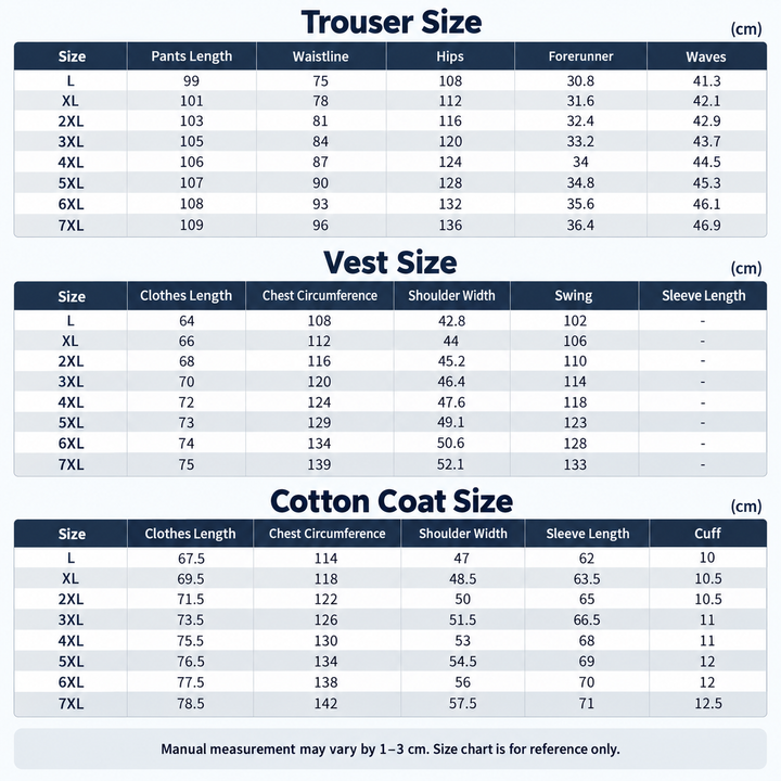Size chart for black and gray three-piece winter set, sizes L to 7XL in centimeters