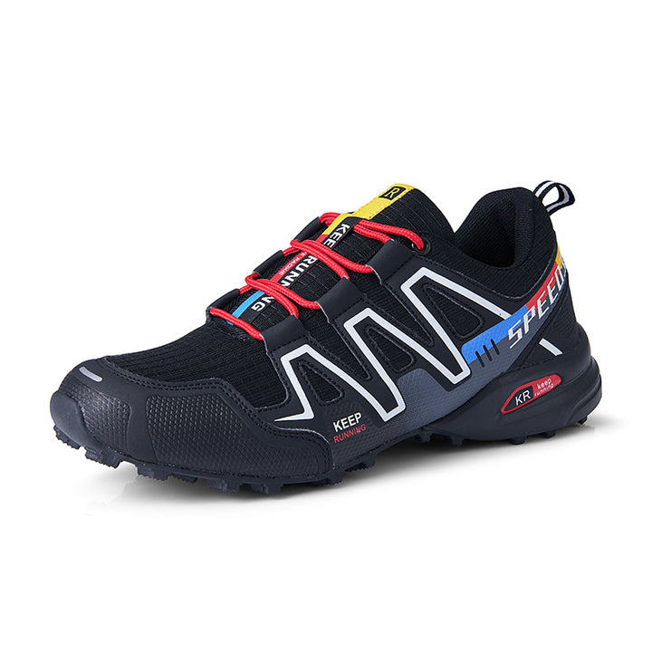 Black trail running shoe variant with red laces and blue side accent