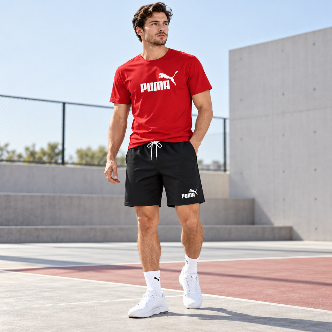 Male model wearing red T-shirt and black shorts 2-piece set outdoors