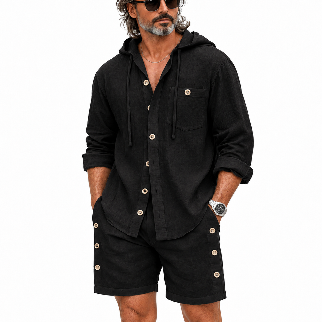 Black hooded set detail showing buttons, chest pocket and shorts side details