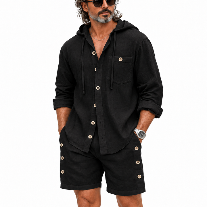 Black hooded set detail showing buttons, chest pocket and shorts side details