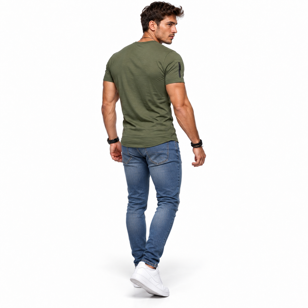 Green short sleeve V-neck shirt on male model, rear three-quarter view