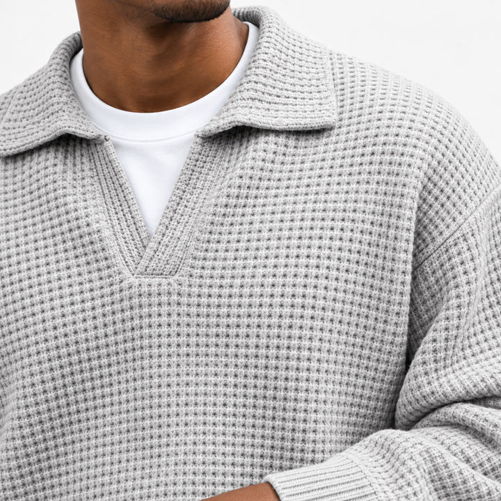 Close-up view of the textured polyester waffle surface and visible knit pattern on the men&