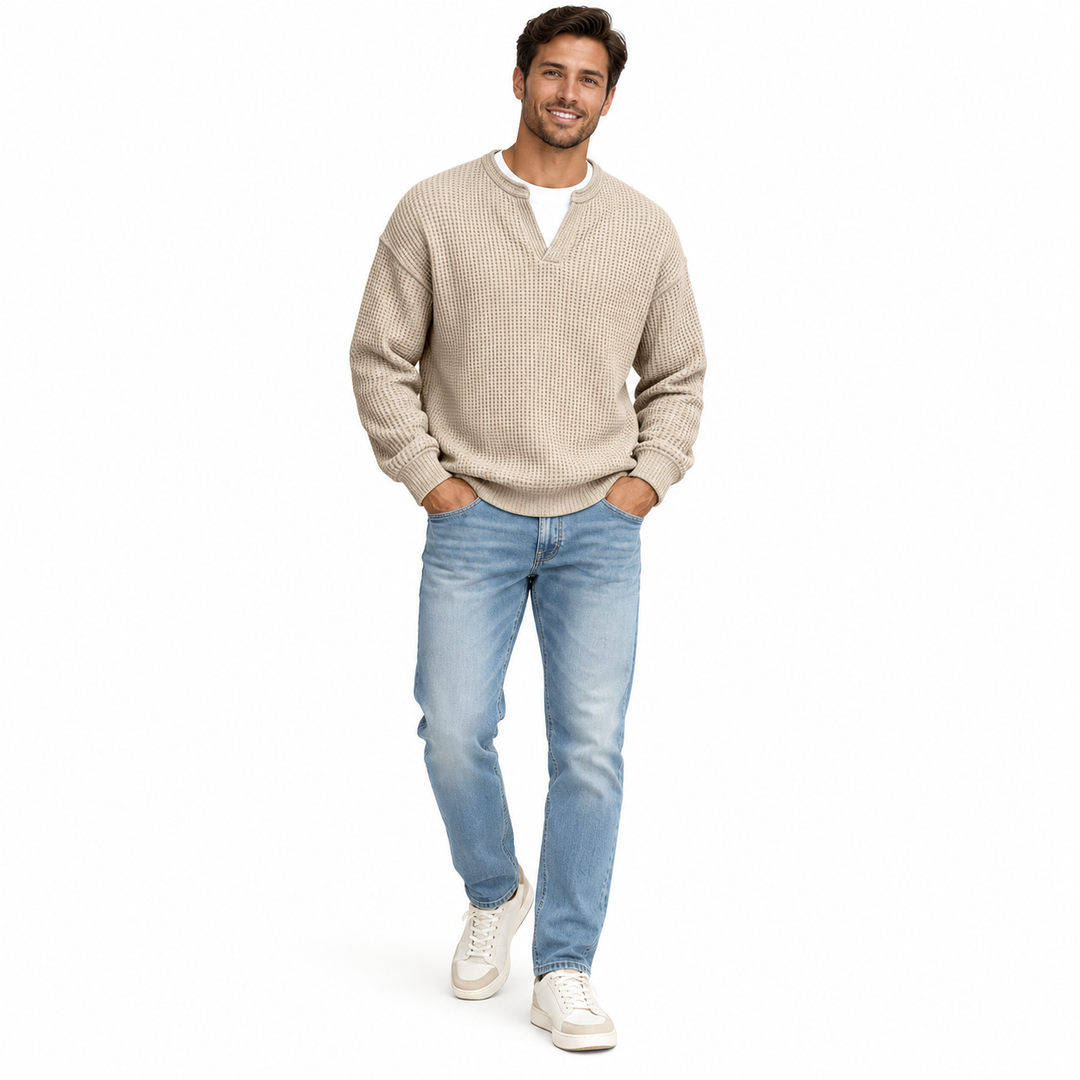 Men's waffle shirt beige variant full-body main view on white background
