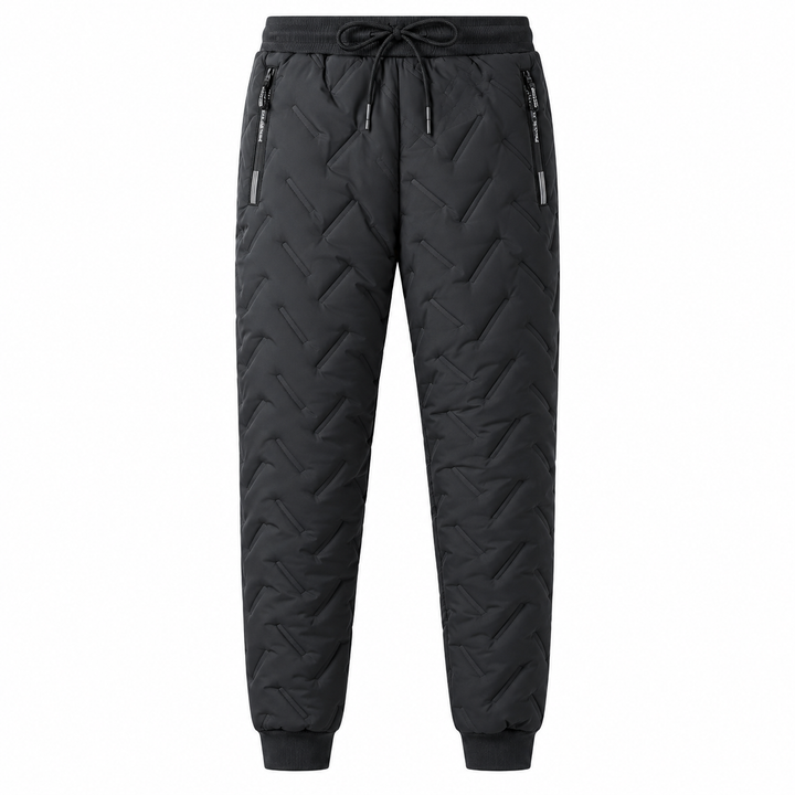 Black quilted winter pants front view with drawstring waist, zip pockets and cuffed ankles