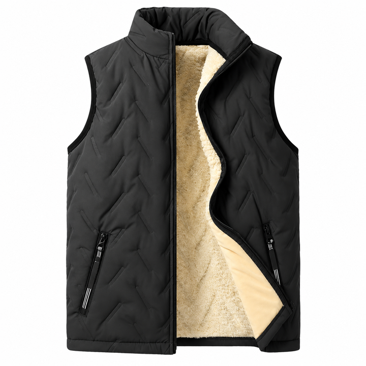 Black sleeveless winter vest front view with high collar, zip pockets and light beige lining