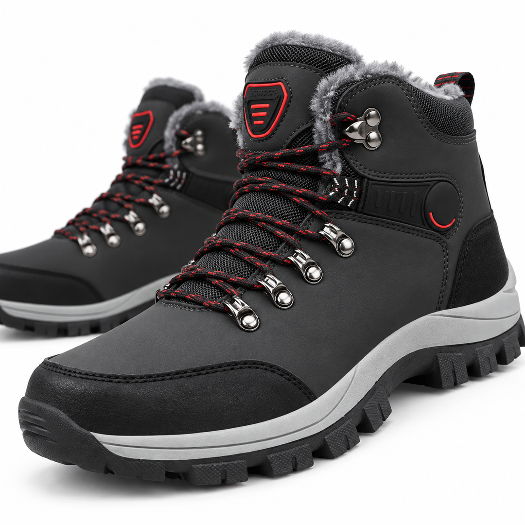 Close-up of black plush winter snow boots with metal lace hooks and textured outsole