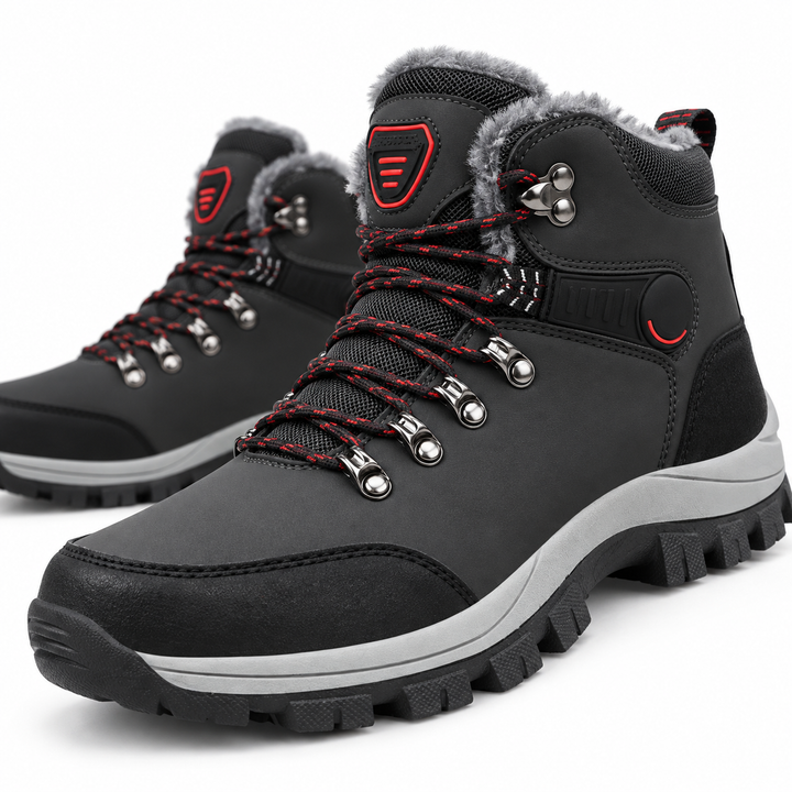 Close-up of black plush winter snow boots with metal lace hooks and textured outsole