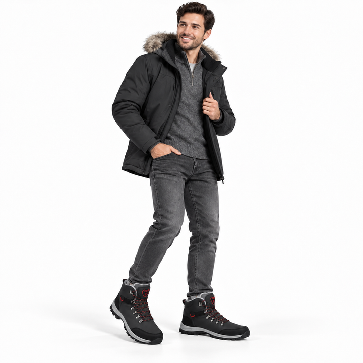 Men wearing black plush winter snow boots with red accents on white studio background
