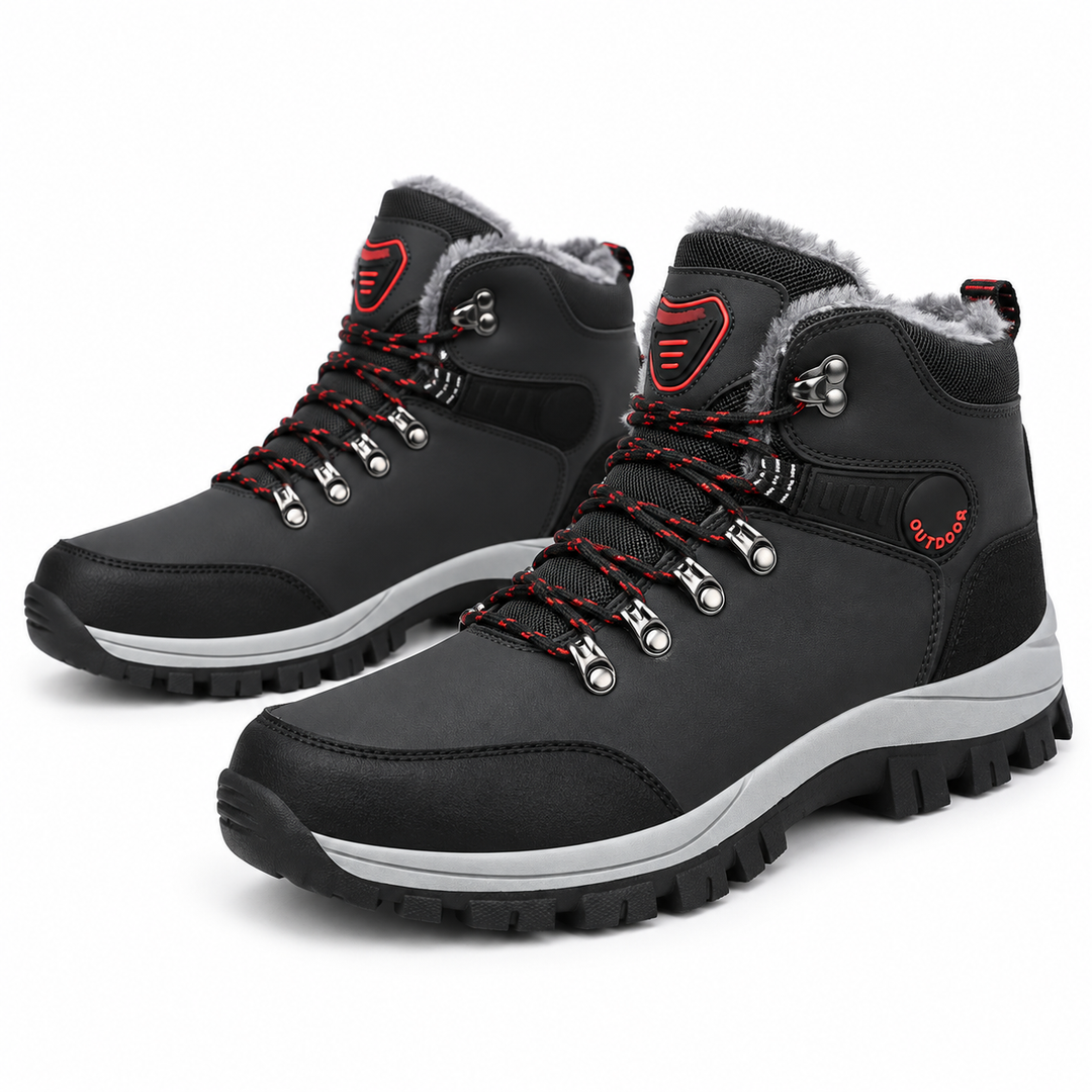 Black plush winter snow boots with red accents shown as a product pair on white